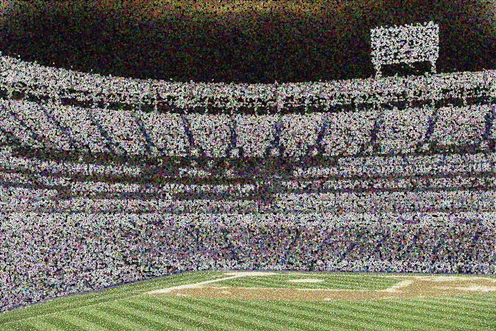 Pointillist abstract of open-air baseball stadium at night, for themes of sports, competition, fandom